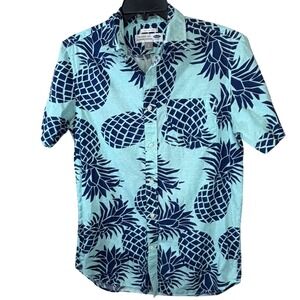 Old Navy Mens S Slim Fit Pineapple Print Short Sleeve Button Down Shirt Teal 016